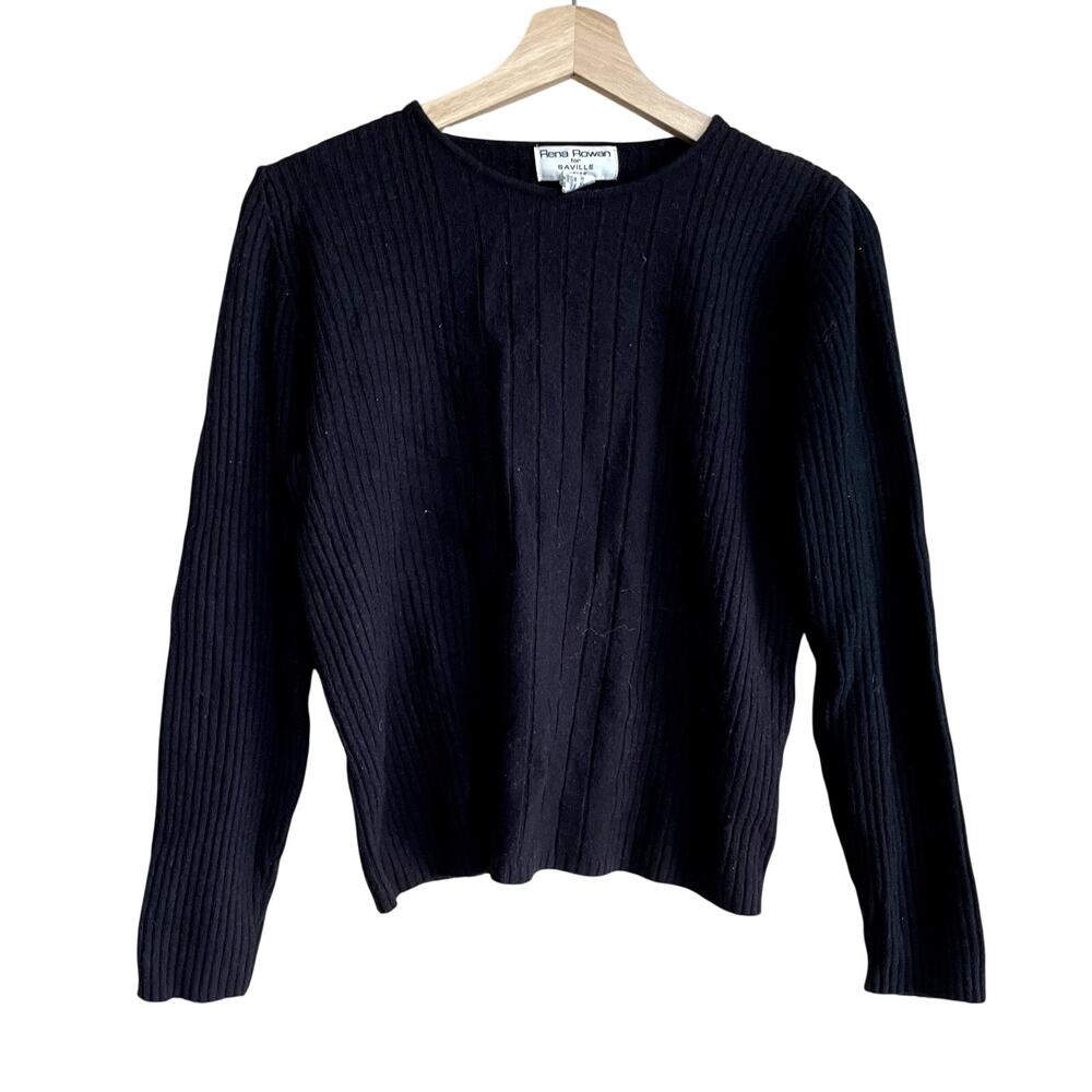 Rena Rowan for Saville lambswool blend black knit ribbed sweater women's PM HOLE